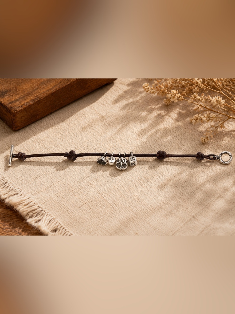 Sundance Catalog Artisan Leather Silver Charm Bracelet Brown Boho